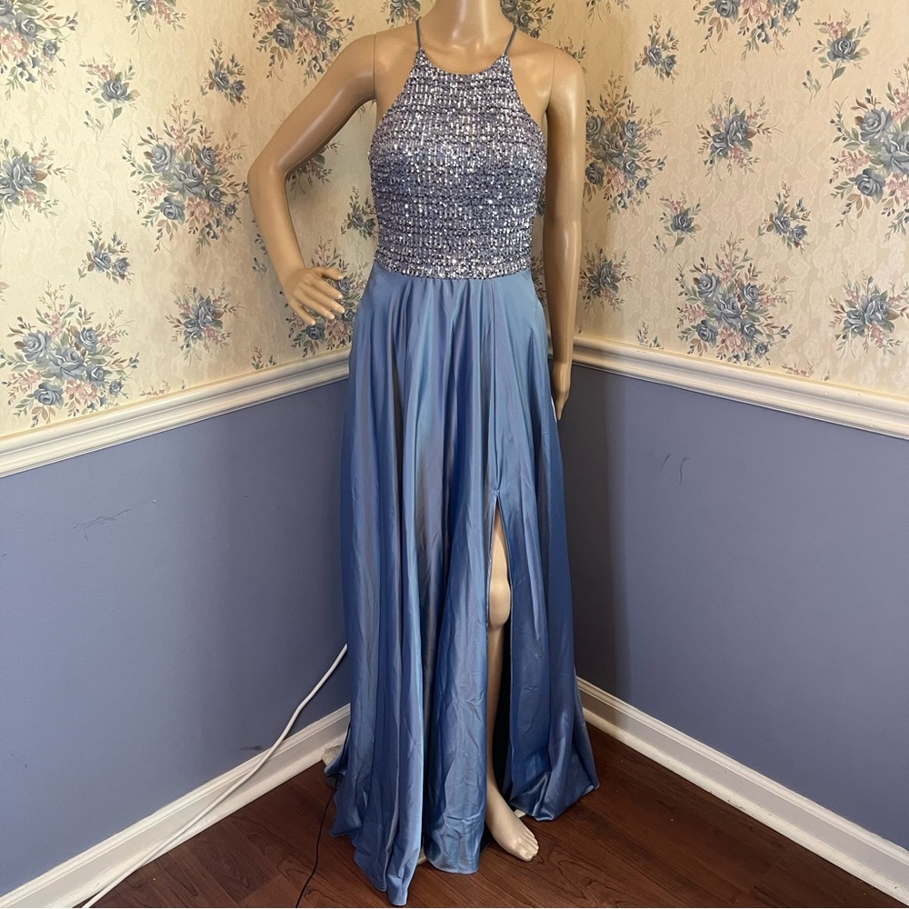 B Darlin Juniors' Sequin Satin Halter Gown Light Blue Formal Dress, Size 1